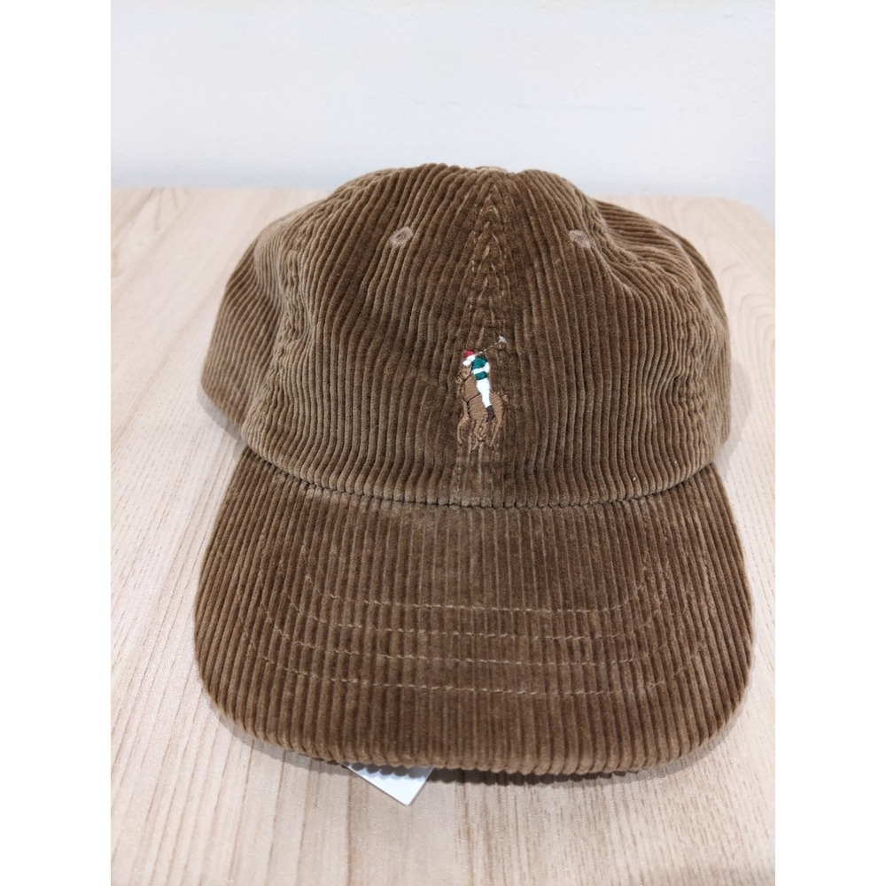 Polo Ralph Lauren Corduroy Pony Baseball Golf Cap Hat Leather Strap Khaki